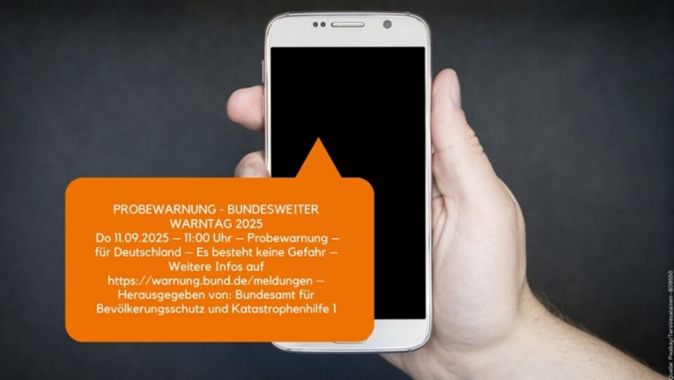 Infografik mit Beispieltext für eine Probewarnung auf einem Smartphone